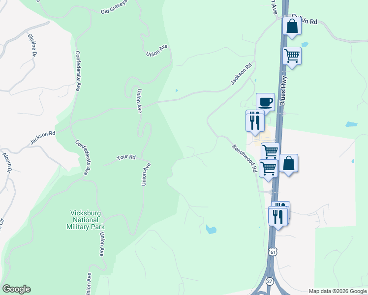 map of restaurants, bars, coffee shops, grocery stores, and more near 21 Culkin Road in Vicksburg
