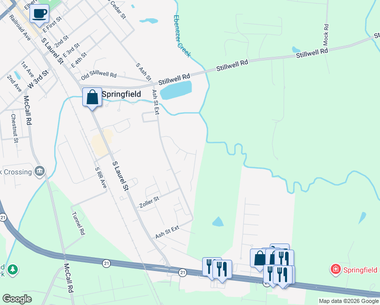 map of restaurants, bars, coffee shops, grocery stores, and more near 227 Fawn Court in Springfield