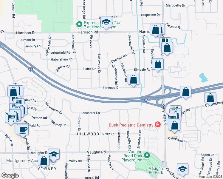map of restaurants, bars, coffee shops, grocery stores, and more near 3534 Farwood Drive in Montgomery