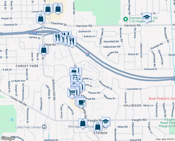 map of restaurants, bars, coffee shops, grocery stores, and more near 2845 Zelda Road in Montgomery