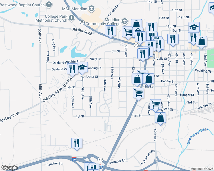 map of restaurants, bars, coffee shops, grocery stores, and more near 5516 5th Street in Meridian