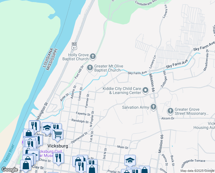 map of restaurants, bars, coffee shops, grocery stores, and more near 1510 Maulding Drive in Vicksburg
