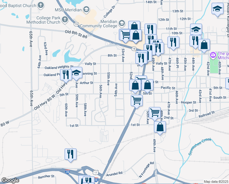 map of restaurants, bars, coffee shops, grocery stores, and more near 503 54th Avenue in Meridian