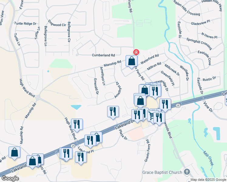 map of restaurants, bars, coffee shops, grocery stores, and more near 161 Amethyst Drive in Brandon