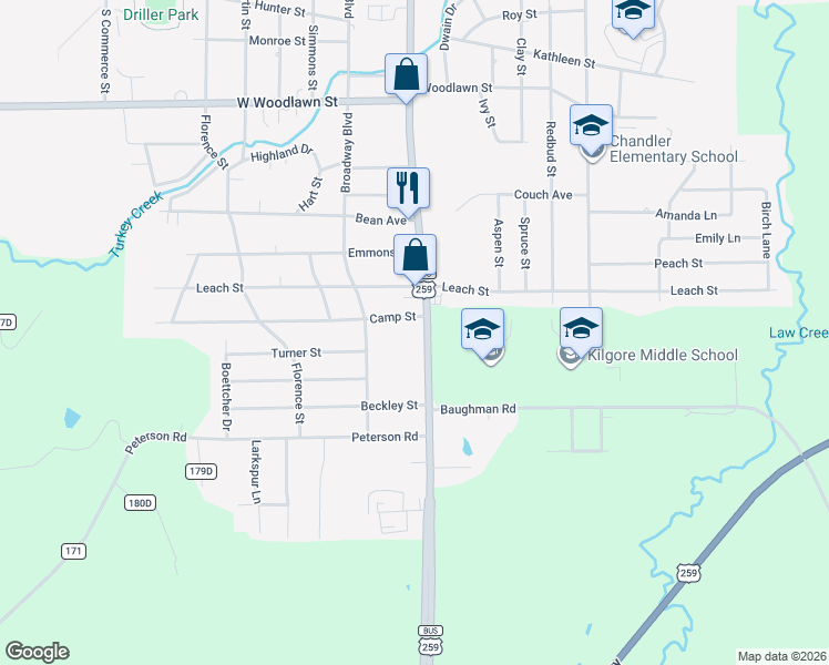 map of restaurants, bars, coffee shops, grocery stores, and more near 2915-3299 S Henderson Blvd in Kilgore