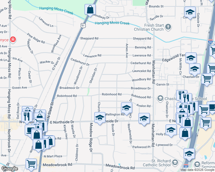 map of restaurants, bars, coffee shops, grocery stores, and more near 543 Broadmoor Drive in Jackson