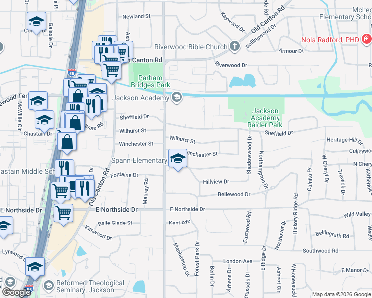map of restaurants, bars, coffee shops, grocery stores, and more near 1632 Winchester Street in Jackson