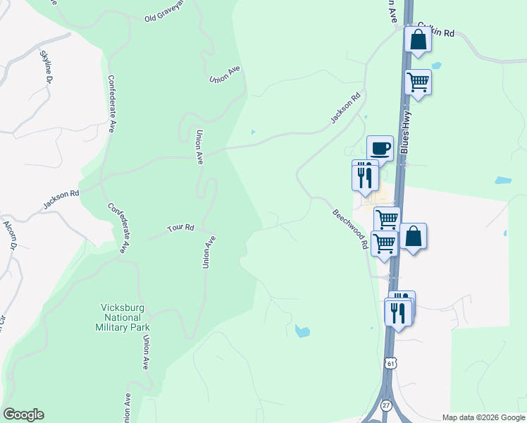 map of restaurants, bars, coffee shops, grocery stores, and more near 21 Culkin Road in Vicksburg