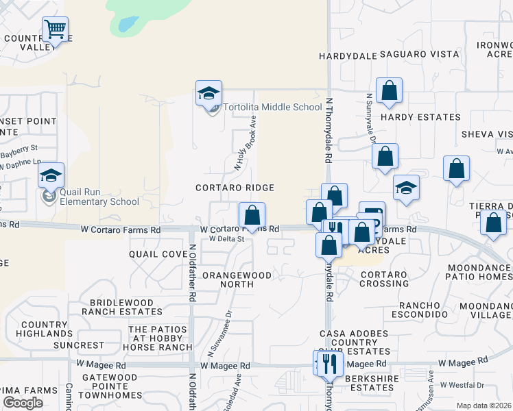 map of restaurants, bars, coffee shops, grocery stores, and more near 4000 West Bayou Place in Tucson