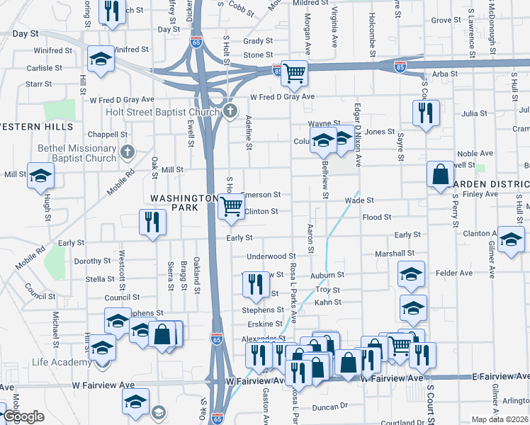 map of restaurants, bars, coffee shops, grocery stores, and more near 721 Central Street in Montgomery