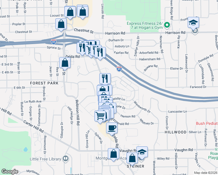 map of restaurants, bars, coffee shops, grocery stores, and more near 2862 Zelda Road in Montgomery