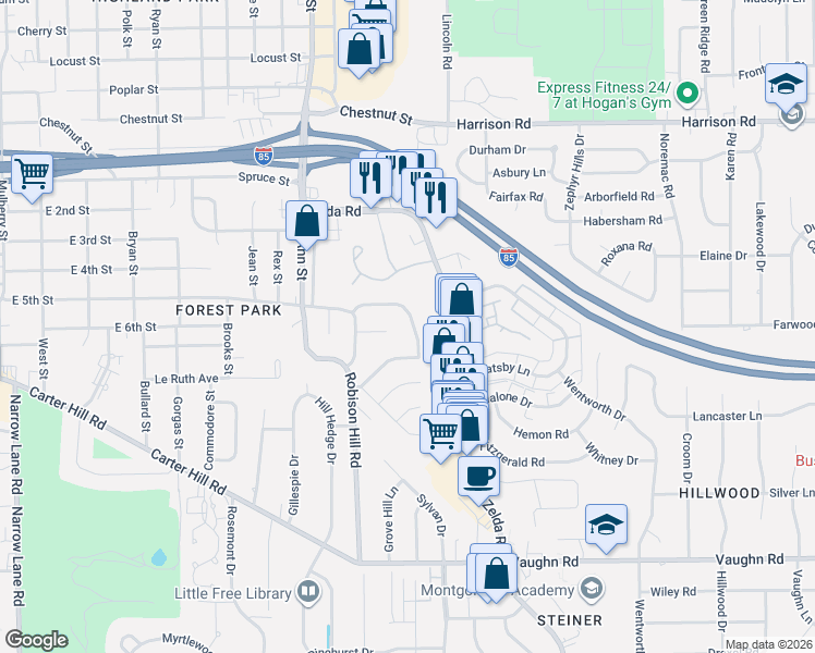 map of restaurants, bars, coffee shops, grocery stores, and more near 2673 Green Oaks Dr in Montgomery