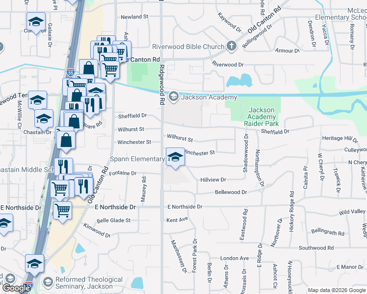map of restaurants, bars, coffee shops, grocery stores, and more near 1645 Winchester Street in Jackson
