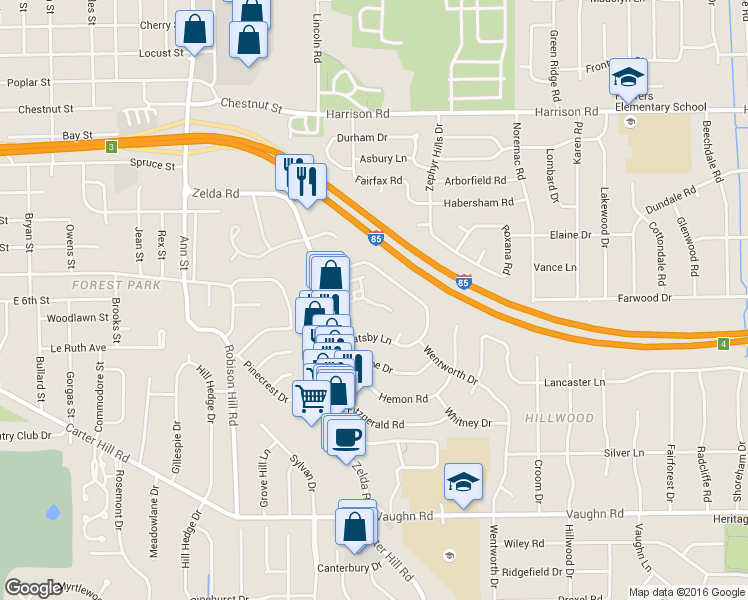map of restaurants, bars, coffee shops, grocery stores, and more near 2845 Zelda Road in Montgomery