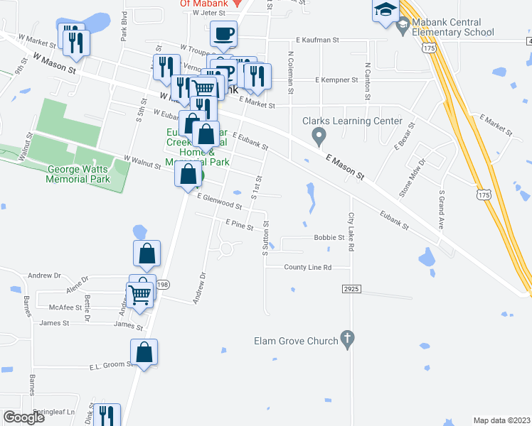map of restaurants, bars, coffee shops, grocery stores, and more near 701 South Sutton Street in Mabank