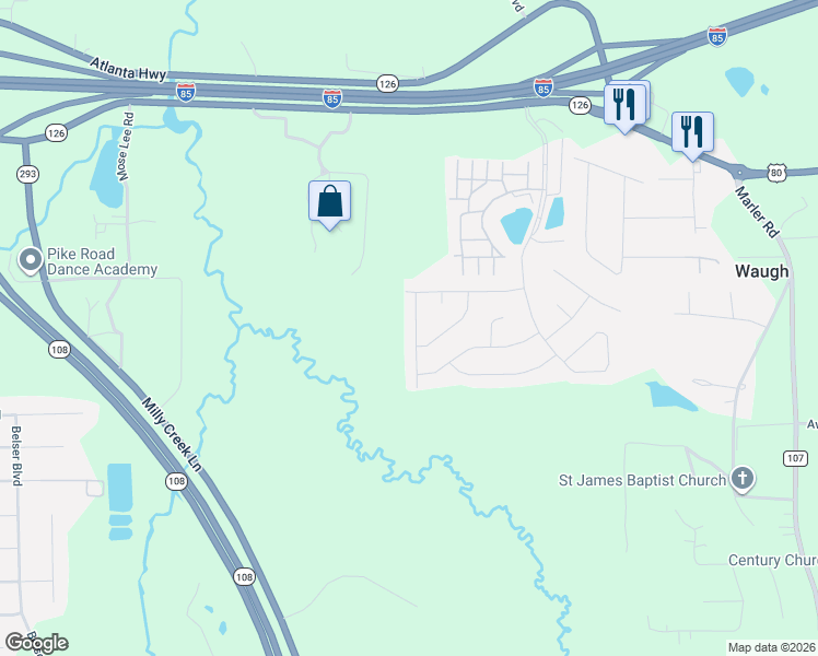 map of restaurants, bars, coffee shops, grocery stores, and more near 2 Travertine Drive in Pike Road