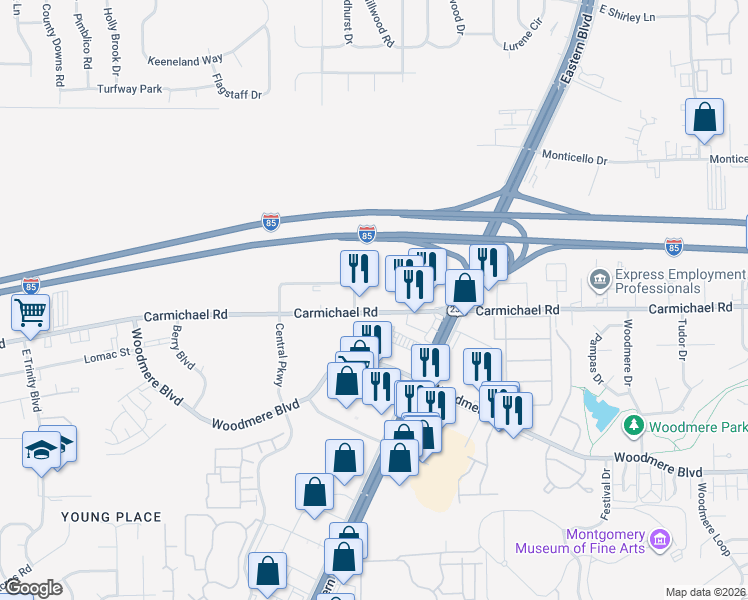 map of restaurants, bars, coffee shops, grocery stores, and more near 5115 Carmichael Road in Montgomery