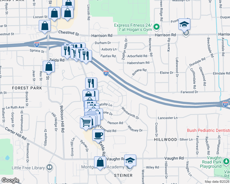 map of restaurants, bars, coffee shops, grocery stores, and more near 3260 Gatsby Lane in Montgomery