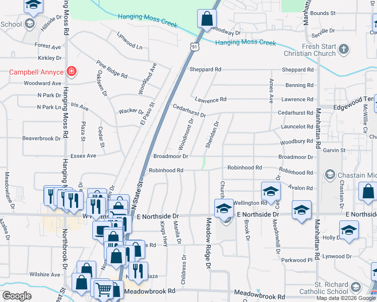 map of restaurants, bars, coffee shops, grocery stores, and more near 4838 Woodmont Drive in Jackson