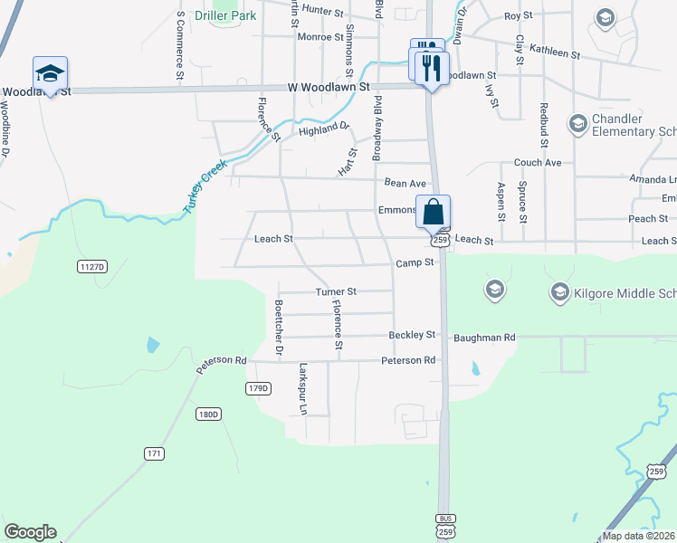 map of restaurants, bars, coffee shops, grocery stores, and more near 629 Camp Street in Kilgore