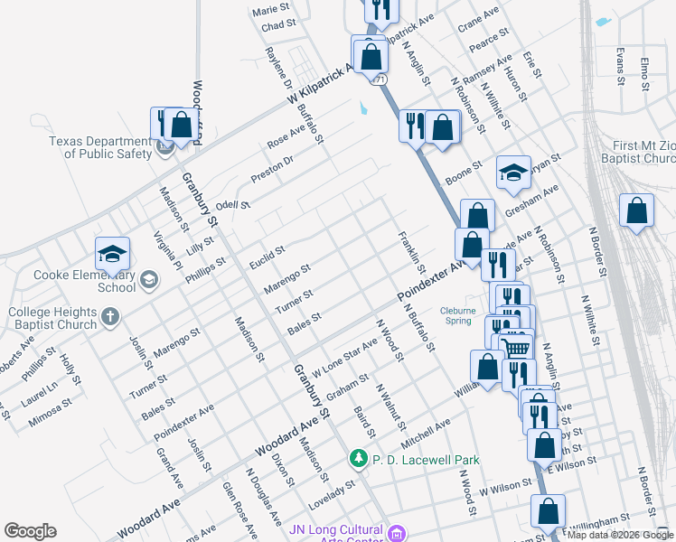 map of restaurants, bars, coffee shops, grocery stores, and more near 405 Marengo Street in Cleburne