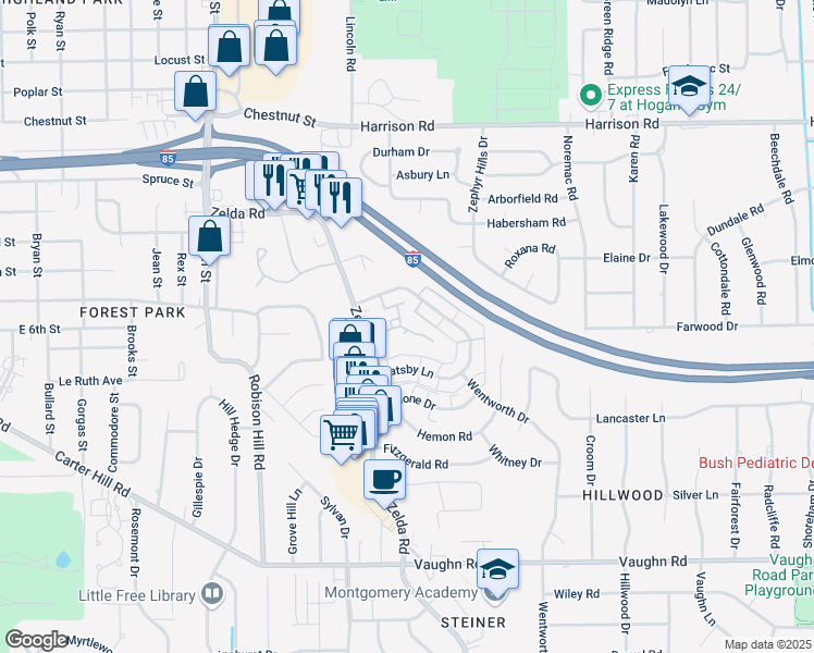 map of restaurants, bars, coffee shops, grocery stores, and more near 2845 Zelda Road in Montgomery