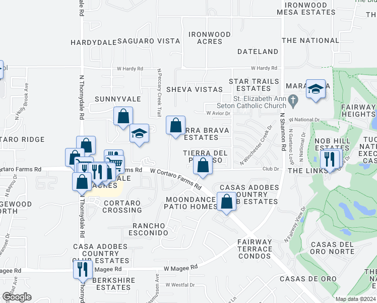 map of restaurants, bars, coffee shops, grocery stores, and more near 3313 West Treece Place in Tucson