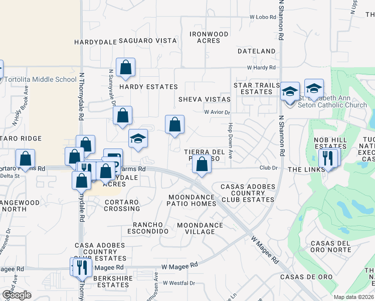 map of restaurants, bars, coffee shops, grocery stores, and more near 3300 West Treece Place in Tucson