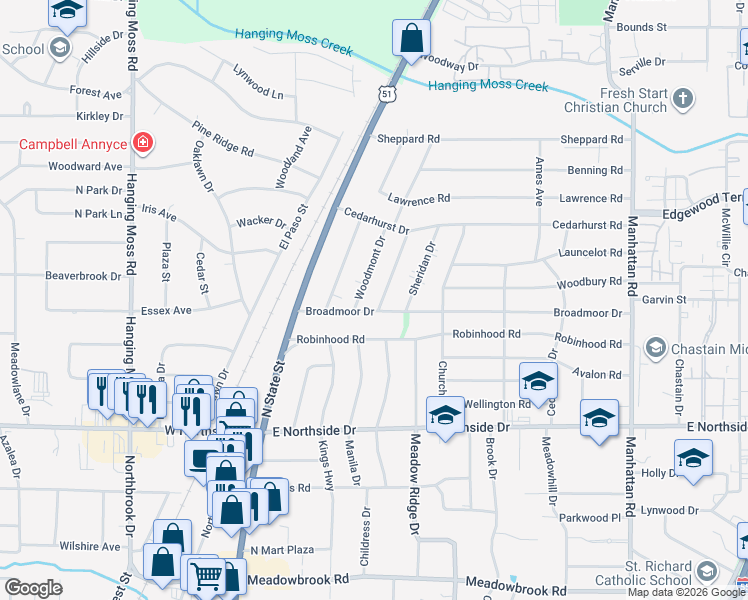 map of restaurants, bars, coffee shops, grocery stores, and more near 4805 Maplewood Drive in Jackson