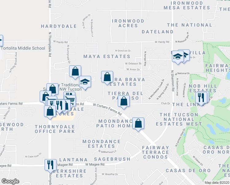 map of restaurants, bars, coffee shops, grocery stores, and more near 3300 West Treece Place in Tucson