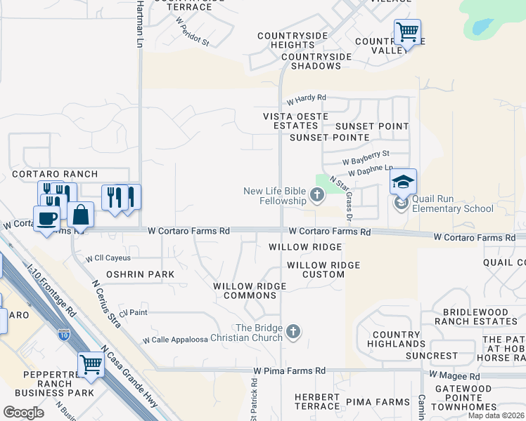 map of restaurants, bars, coffee shops, grocery stores, and more near 8501 North Camino De West in Tucson