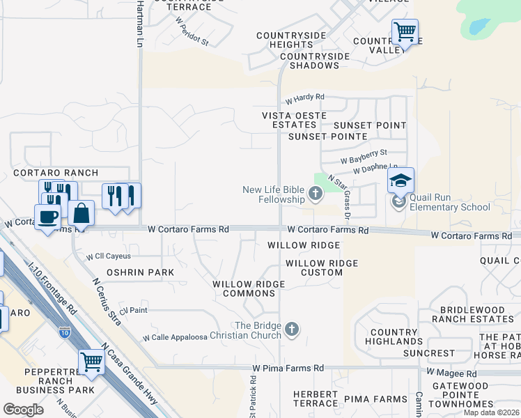 map of restaurants, bars, coffee shops, grocery stores, and more near 8501 North Camino De West in Tucson