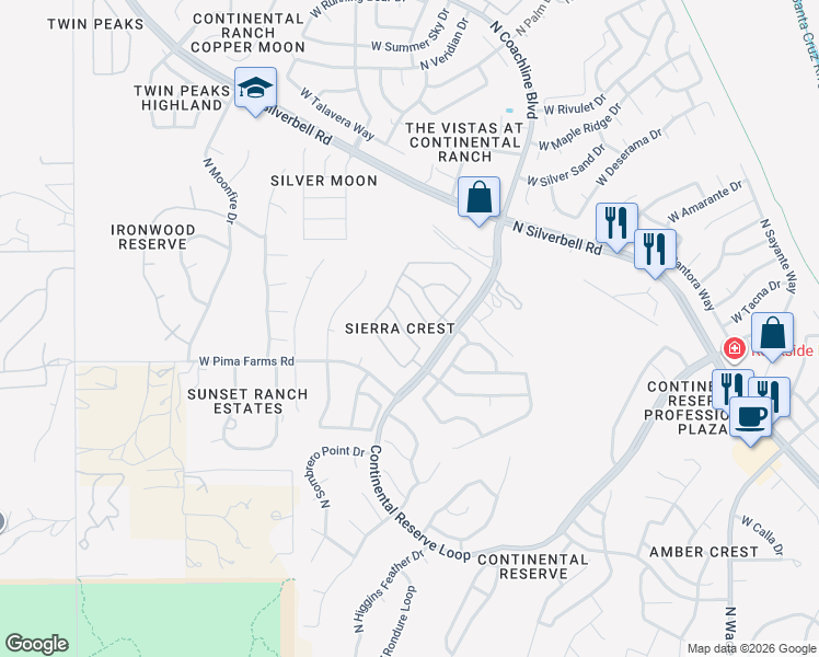 map of restaurants, bars, coffee shops, grocery stores, and more near 7630 West Sugar Ranch Road in Tucson
