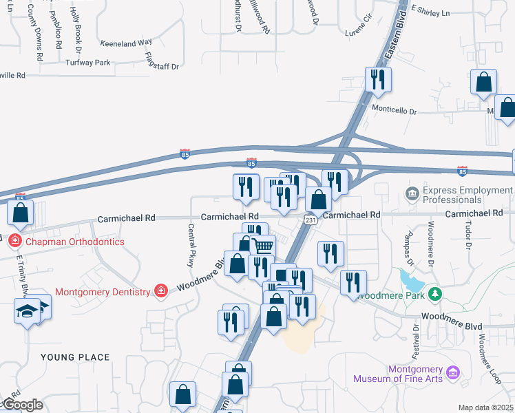 map of restaurants, bars, coffee shops, grocery stores, and more near 5047 Carmichael Road in Montgomery