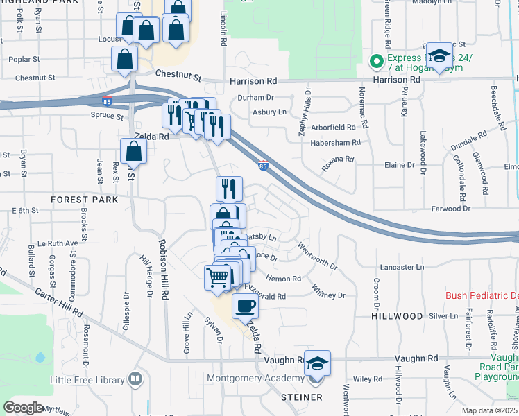 map of restaurants, bars, coffee shops, grocery stores, and more near 2845 Zelda Road in Montgomery