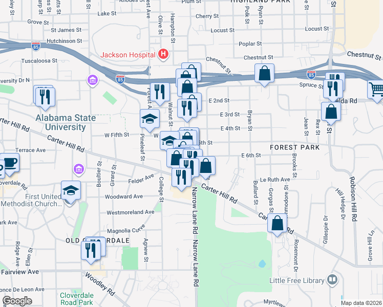 map of restaurants, bars, coffee shops, grocery stores, and more near 2008 East 5th Street in Montgomery