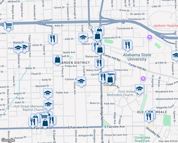 map of restaurants, bars, coffee shops, grocery stores, and more near 408 Finley Avenue in Montgomery