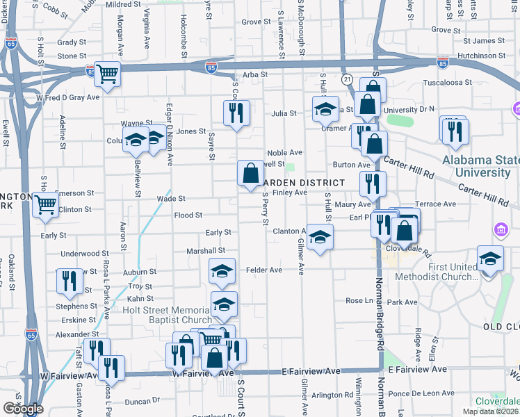 map of restaurants, bars, coffee shops, grocery stores, and more near 1202 South Perry Street in Montgomery