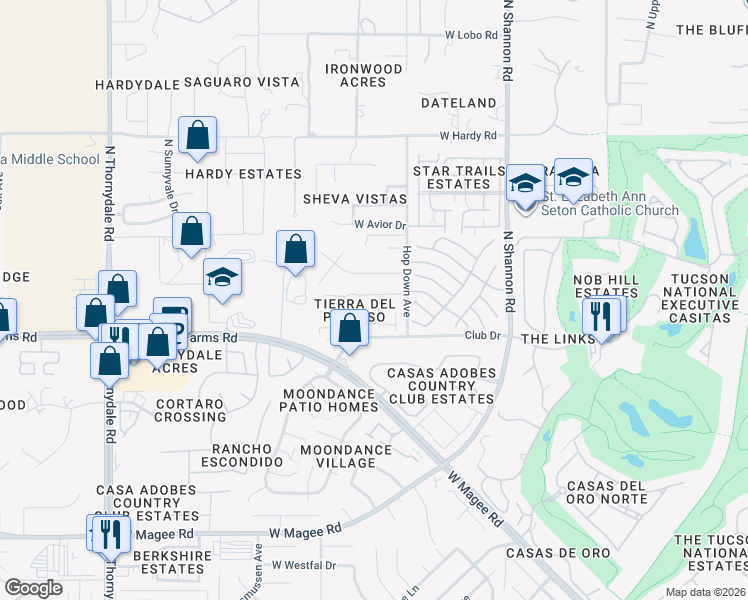 map of restaurants, bars, coffee shops, grocery stores, and more near 3189 West Treece Way in Tucson