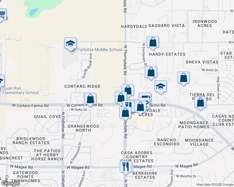 map of restaurants, bars, coffee shops, grocery stores, and more near 8505 North Thornydale Road in Tucson