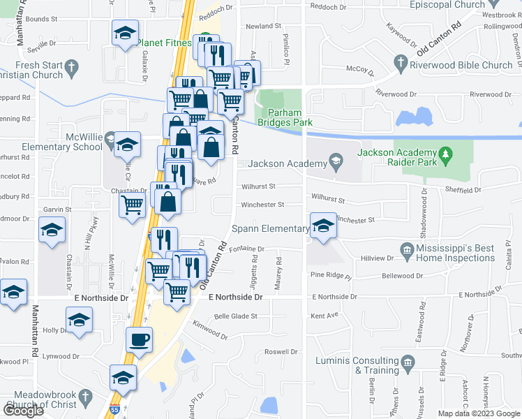 map of restaurants, bars, coffee shops, grocery stores, and more near 1427 Winchester Street in Jackson