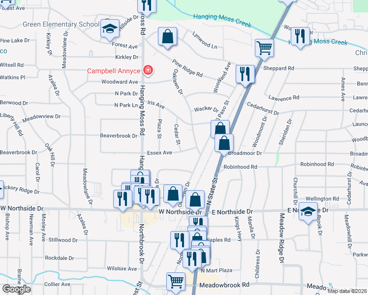 map of restaurants, bars, coffee shops, grocery stores, and more near 4119 Oaklawn Drive in Jackson