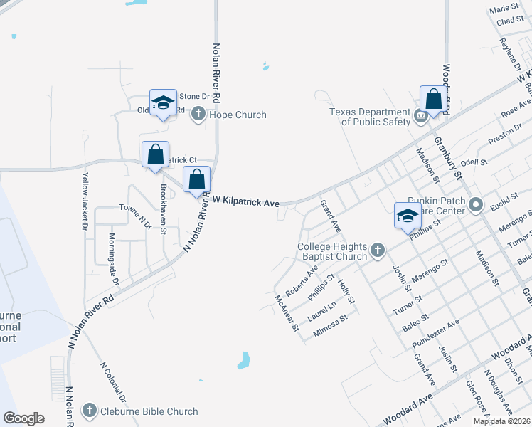 map of restaurants, bars, coffee shops, grocery stores, and more near 1265c West Kilpatrick Street in Cleburne