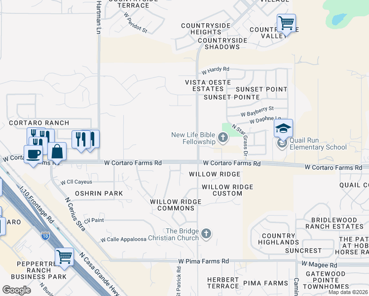 map of restaurants, bars, coffee shops, grocery stores, and more near 8501 North Camino De West in Tucson