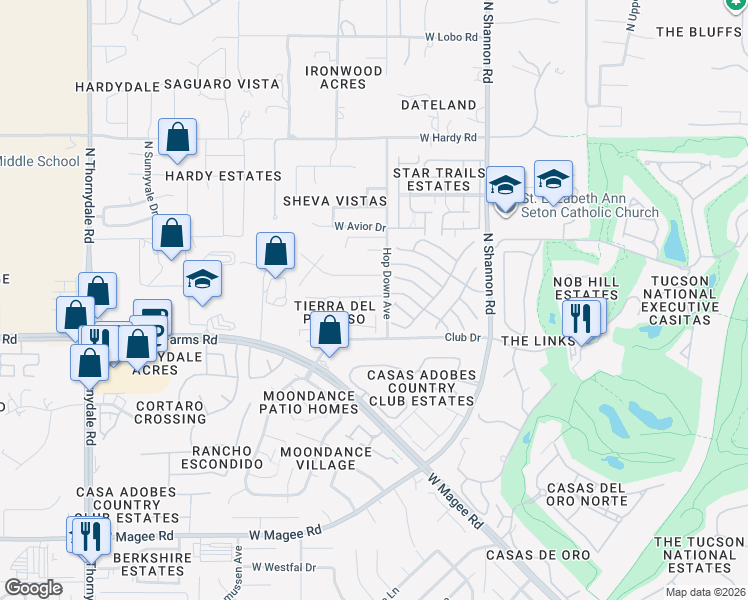 map of restaurants, bars, coffee shops, grocery stores, and more near 8525 North Hopdown Avenue in Tucson