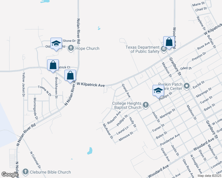 map of restaurants, bars, coffee shops, grocery stores, and more near 1310 Southern Boulevard in Cleburne