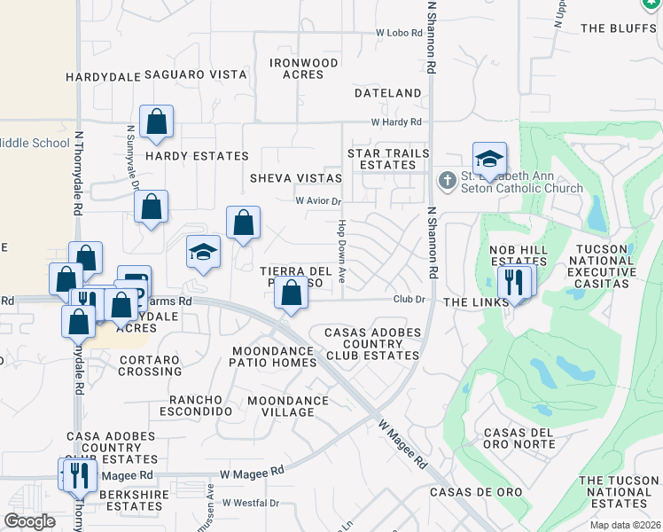 map of restaurants, bars, coffee shops, grocery stores, and more near 8525 North Hopdown Avenue in Tucson
