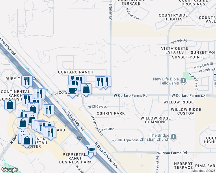 map of restaurants, bars, coffee shops, grocery stores, and more near 8489 North Deer Valley Drive in Tucson