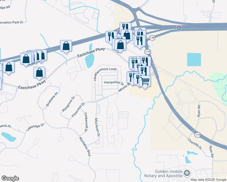 map of restaurants, bars, coffee shops, grocery stores, and more near 6949 Heathermoore Loop in Montgomery