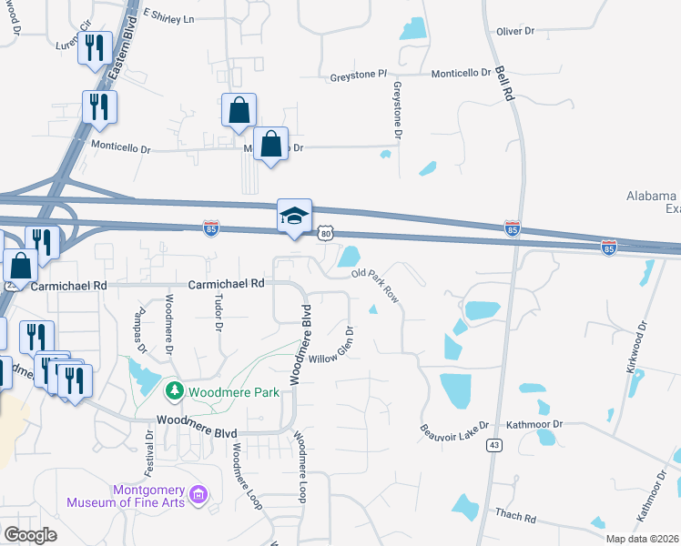 map of restaurants, bars, coffee shops, grocery stores, and more near 1365 Old Park Row in Montgomery